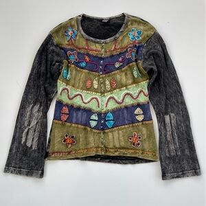 KPC Women's Moss Green Gray Artsy Boho Patchwork Long sleeve Top Size Medium